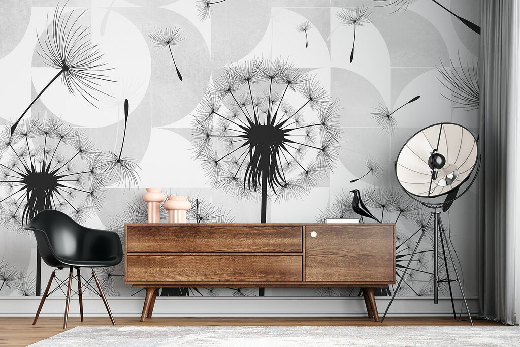 Black dandelion seeds flying in the air