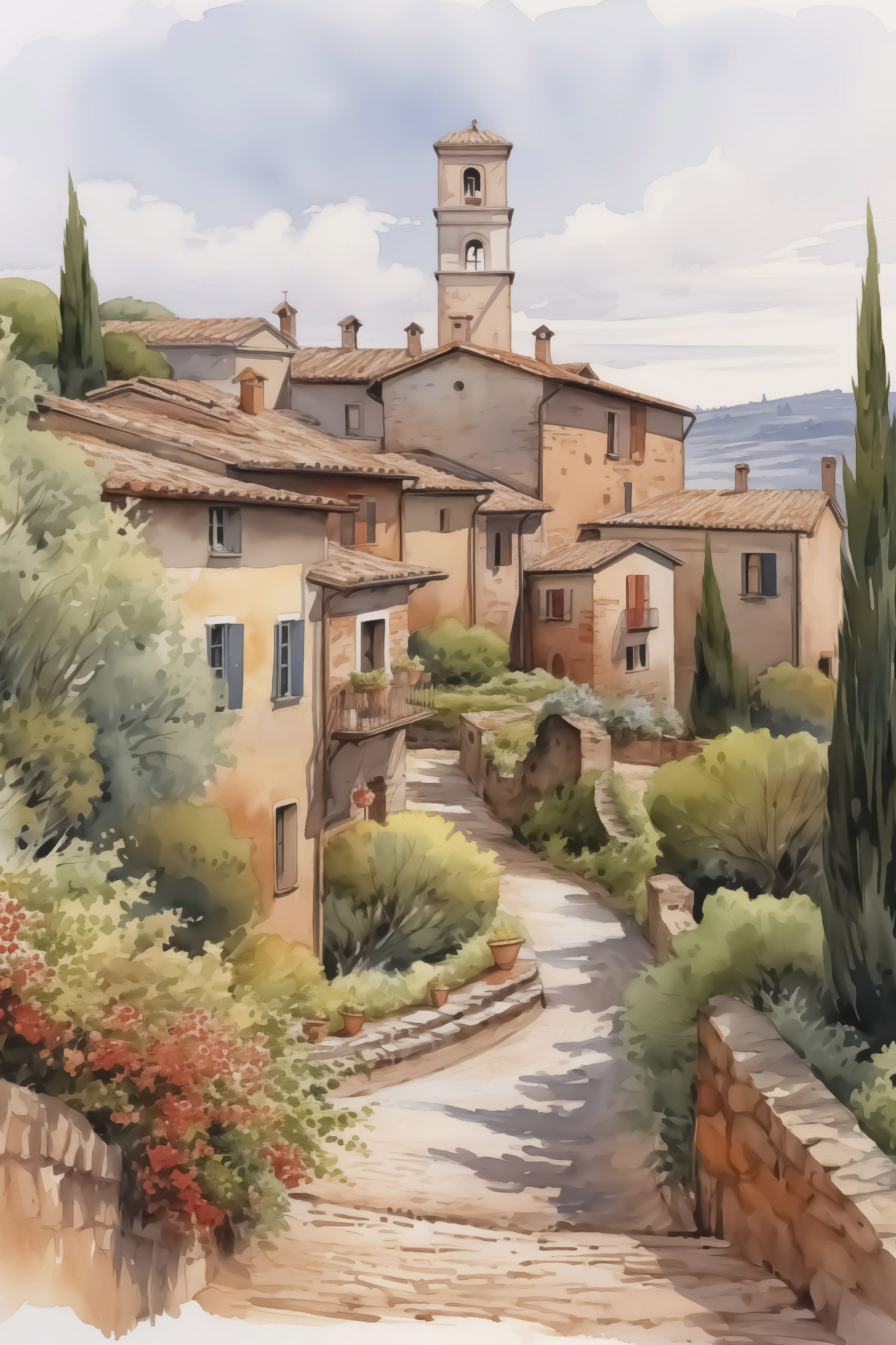 Watercolor painting of a village Watercolor painting of a village