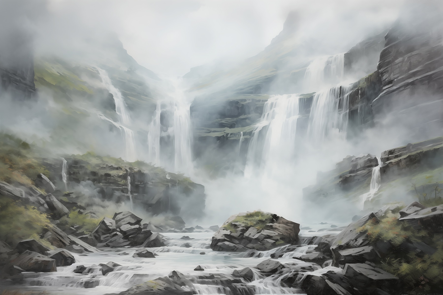 Waterfall in foggy mountains