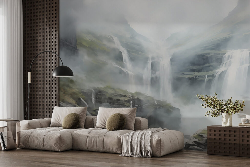 Waterfall in foggy mountains