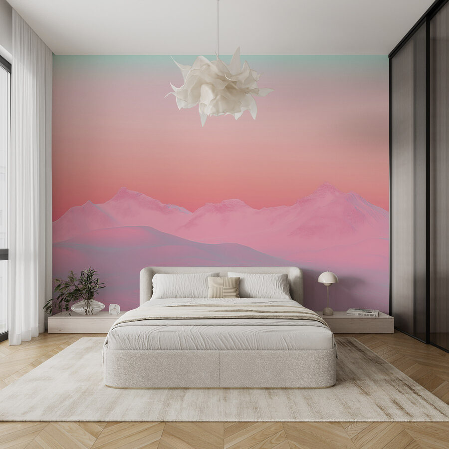 Cielo rosa e blu su una catena montuosa innevata