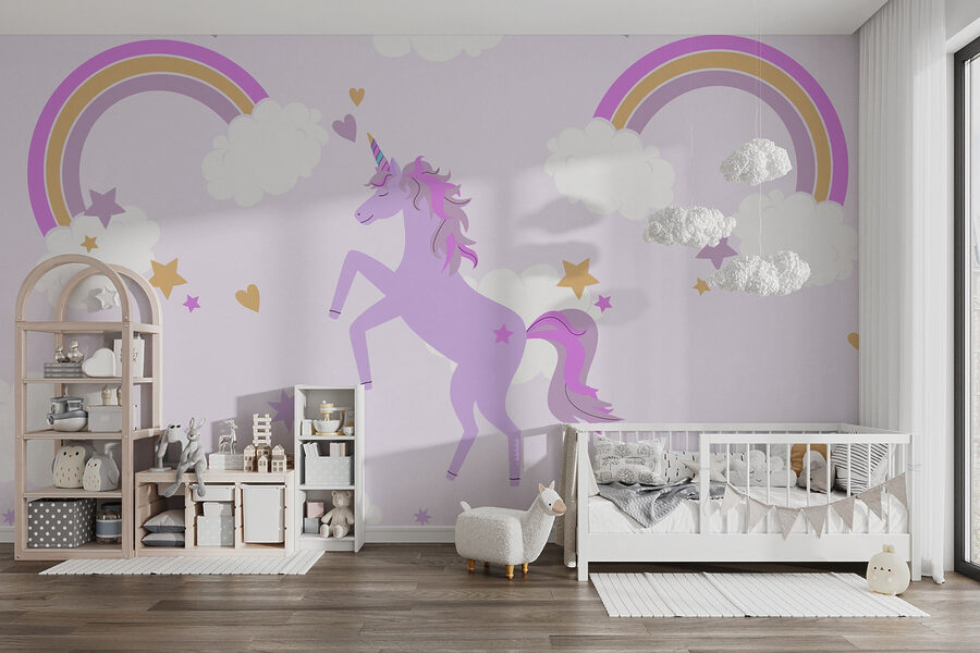 Unicorno viola con stelle e arcobaleni