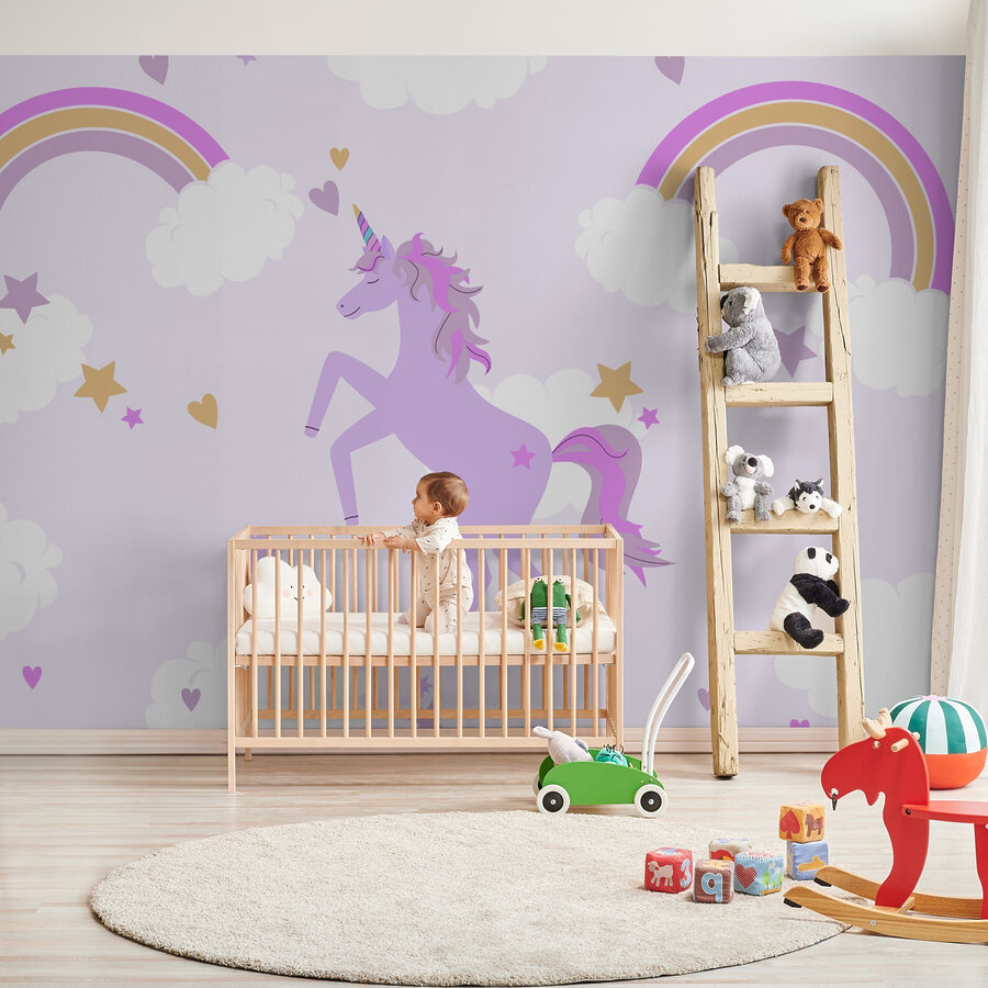 Unicorno viola con stelle e arcobaleni