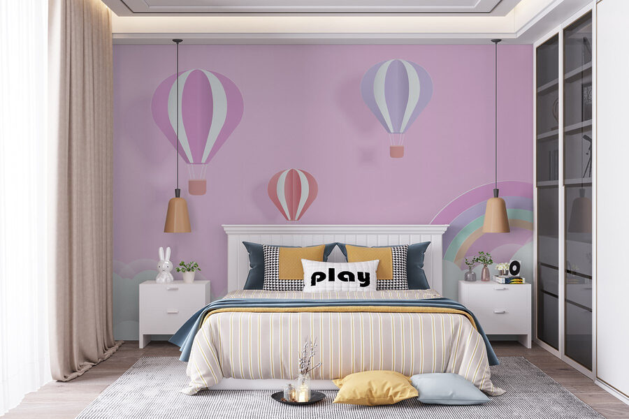 Sfondo rosa con palloncini e arcobaleno