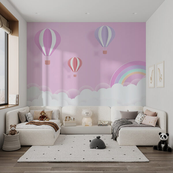 Sfondo rosa con palloncini e arcobaleno Sfondo rosa con palloncini e arcobaleno