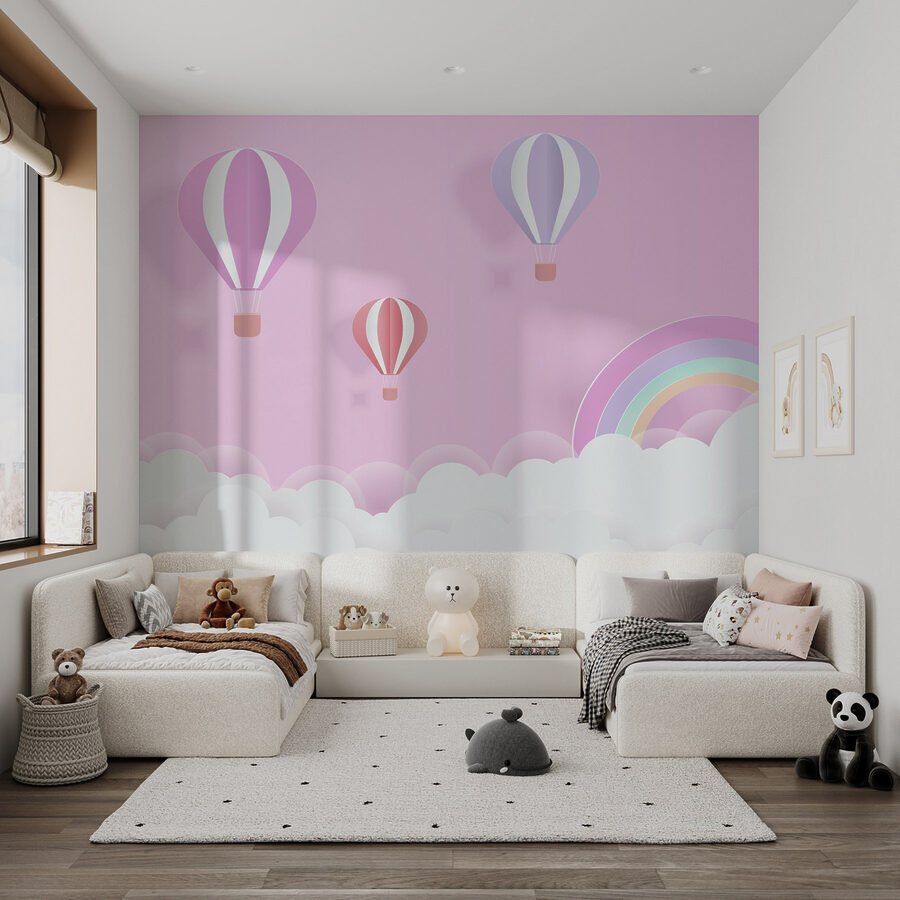 Sfondo rosa con palloncini e arcobaleno