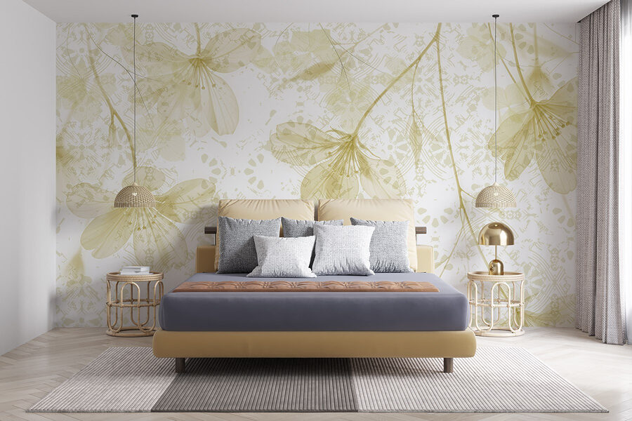 Delicate fioriture in tenui colori pastello.