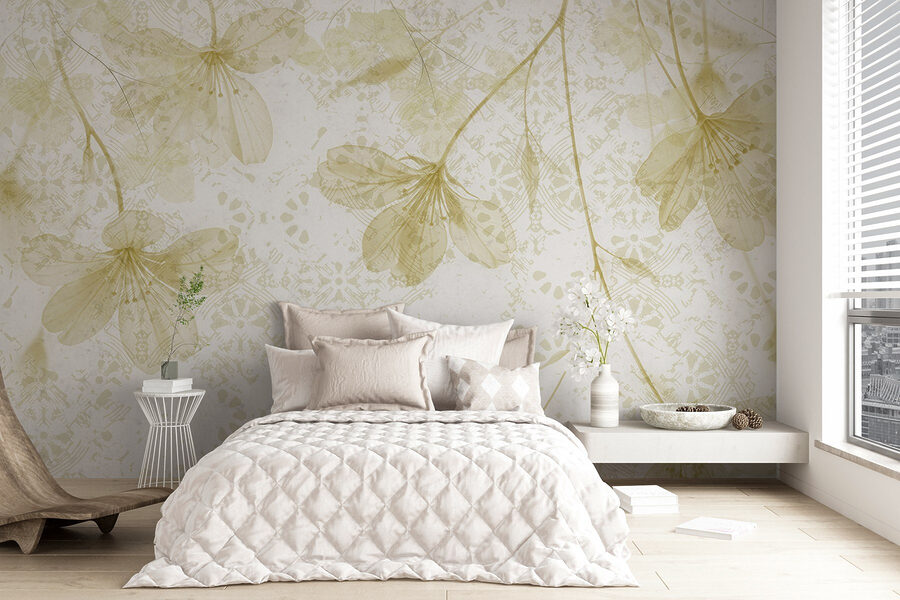 Delicate fioriture in tenui colori pastello.