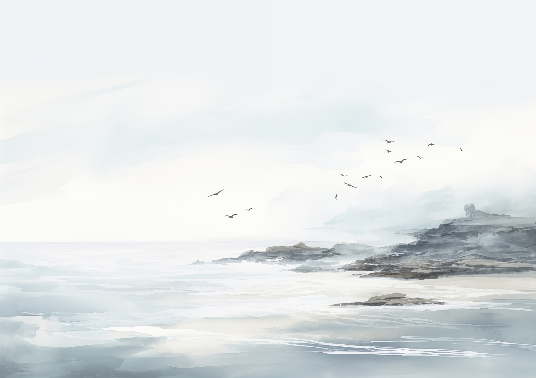 Birds flying over a rocky beach