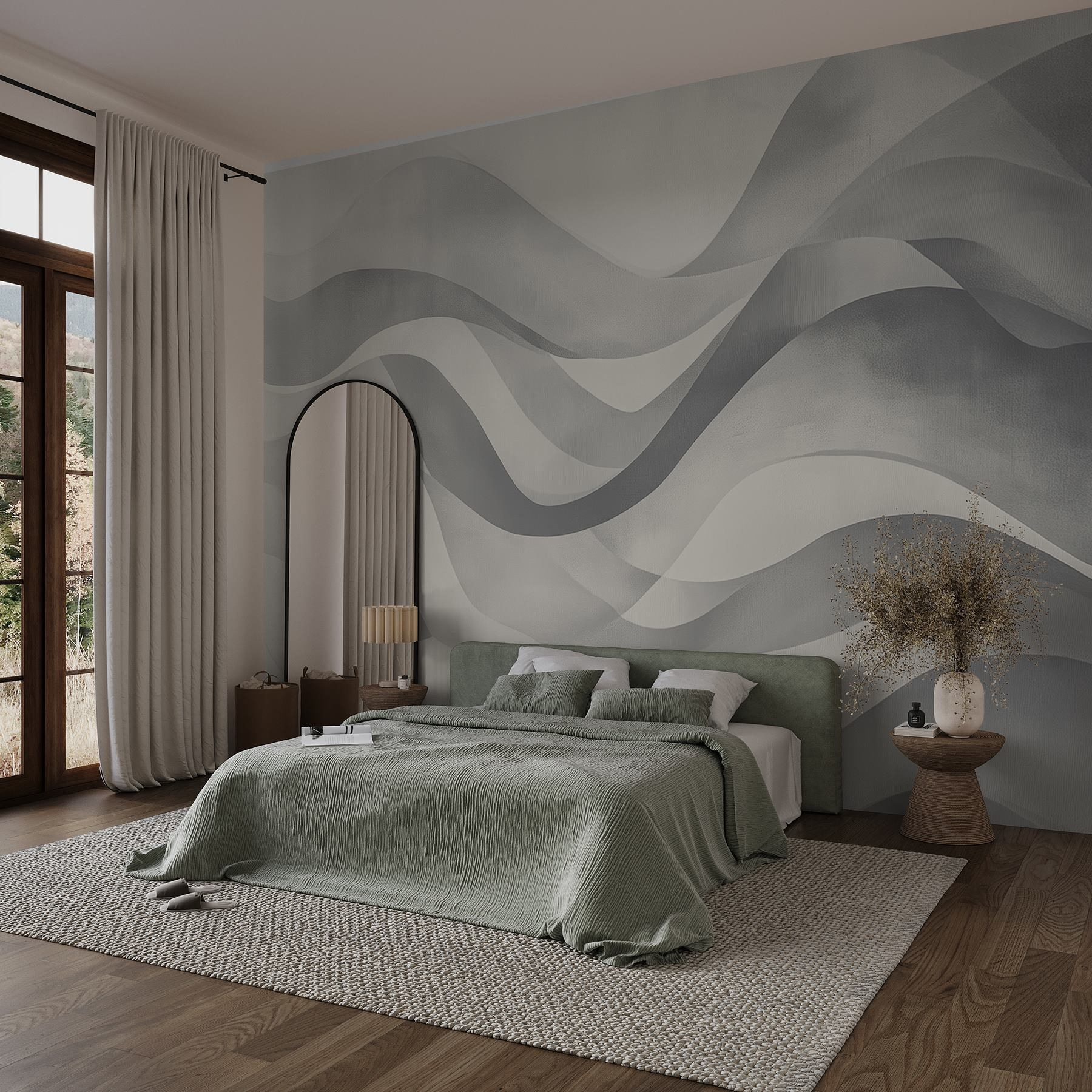 Grey and white background with wavy lines