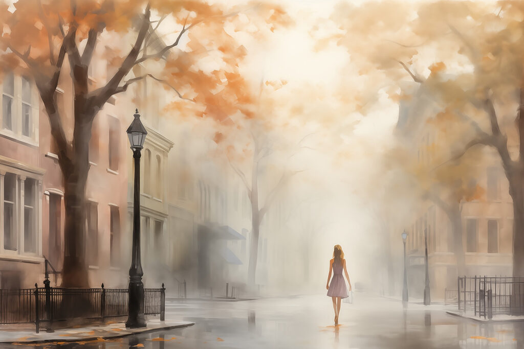 Donna che cammina per strada nella nebbia Donna che cammina per strada nella nebbia
