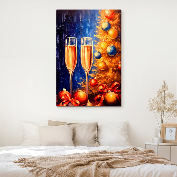Quadri Quadri Dipinto raffigurante due bicchieri di champagne accanto a un albero di Natale (COD: s42157)