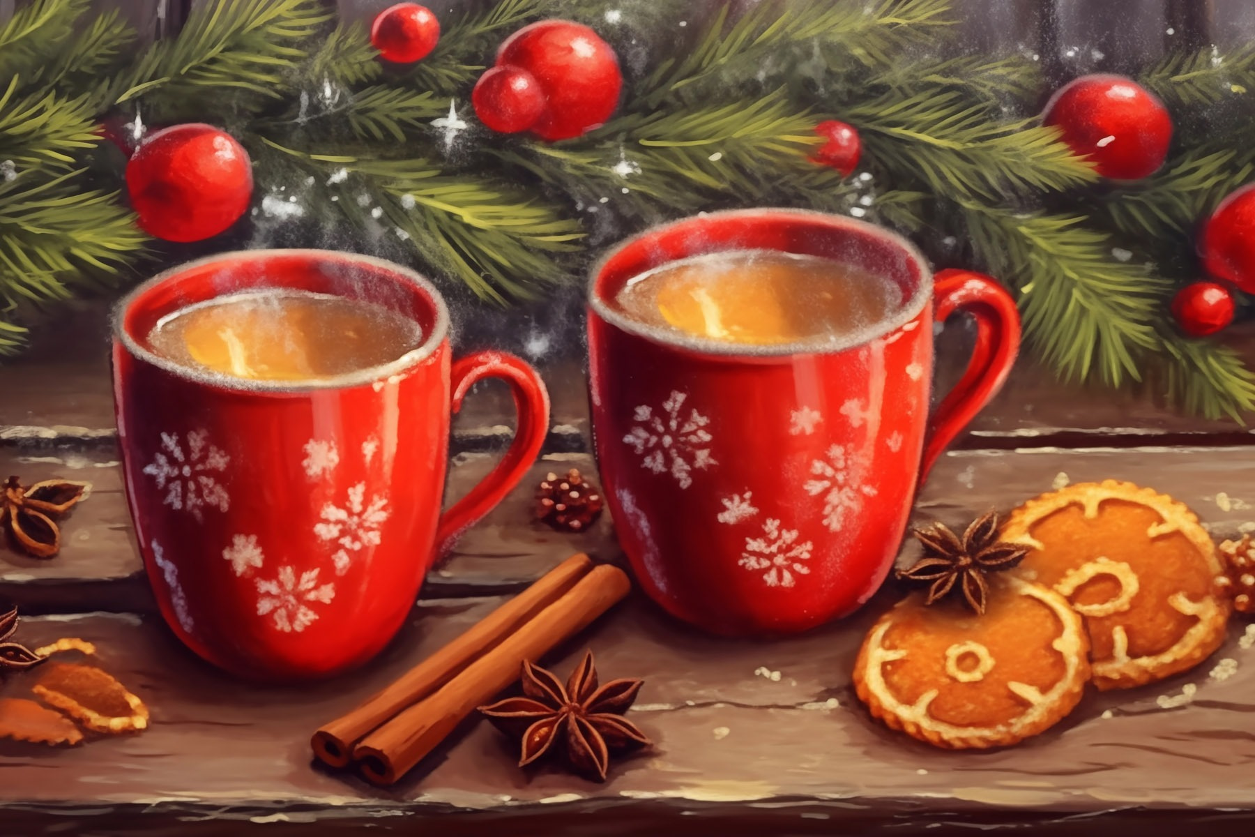 Painting of two red mugs with white patterns and cinnamon sticks and anise stars Painting of two red mugs with white patterns and cinnamon sticks and anise stars