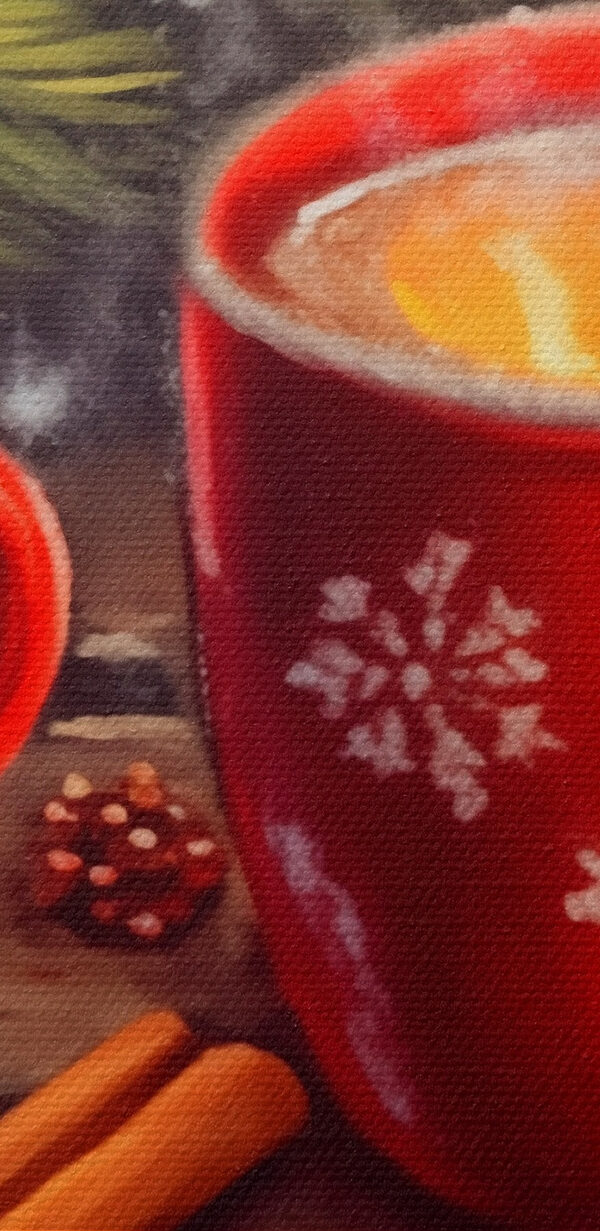 Painting of two red mugs with white patterns and cinnamon sticks and anise stars Painting of two red mugs with white patterns and cinnamon sticks and anise stars