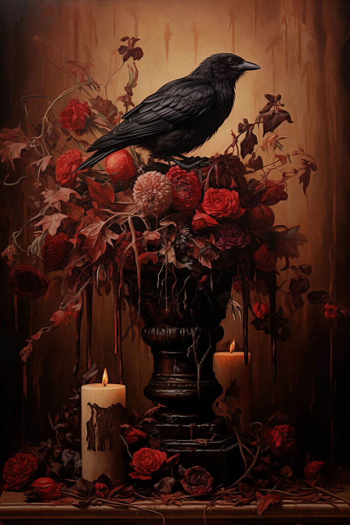 Black bird sitting on a vase of flowers and candles