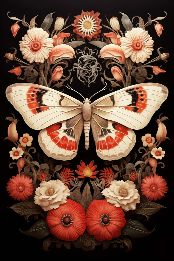 Butterfly and flowers on a black background