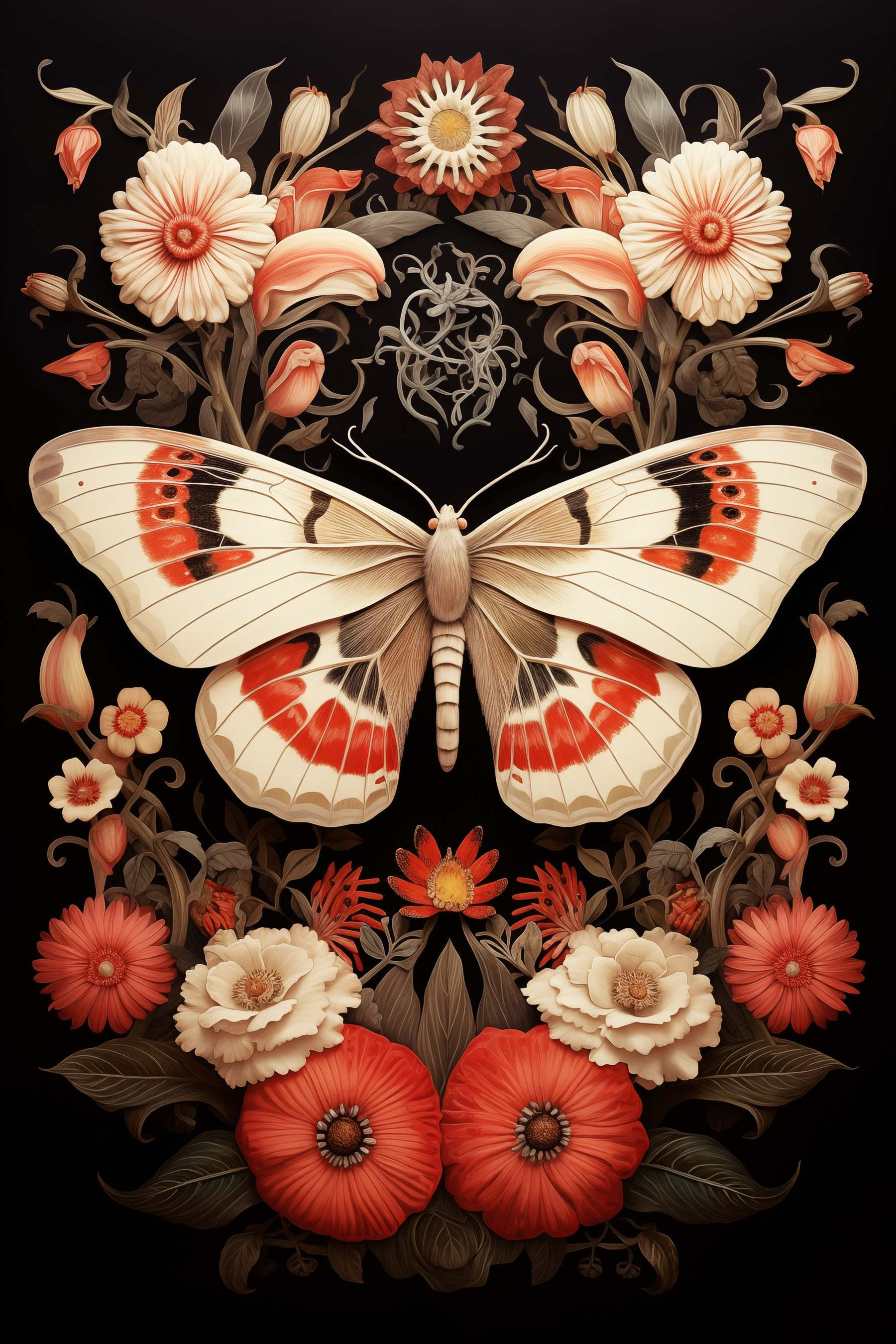 Butterfly and flowers on a black background