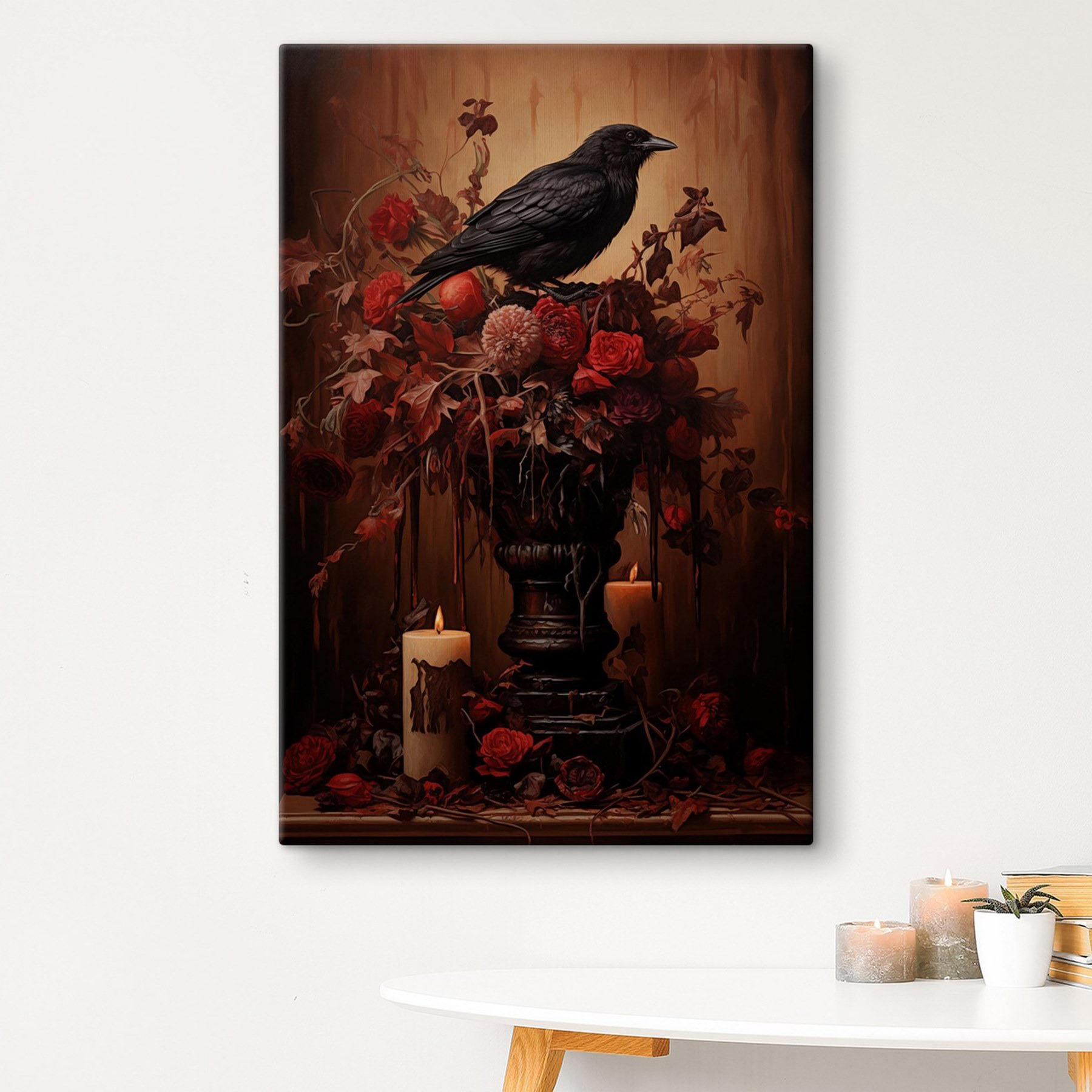 Black bird sitting on a vase of flowers and candles