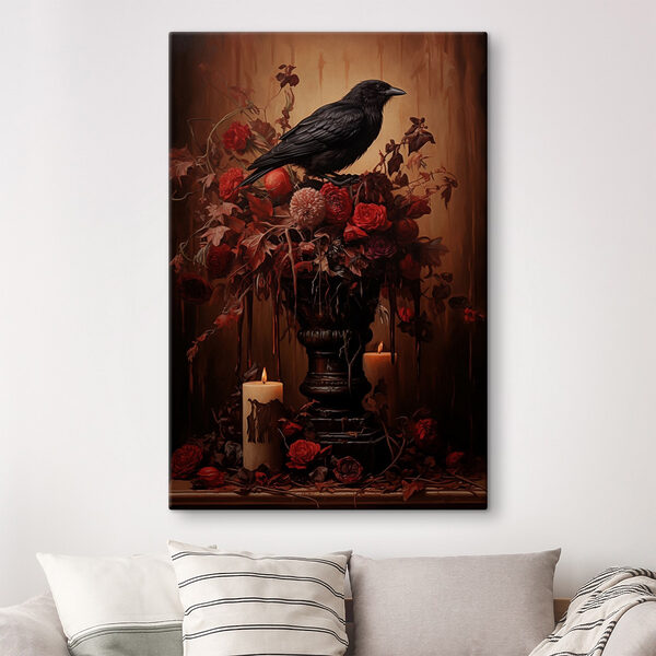 Black bird sitting on a vase of flowers and candles