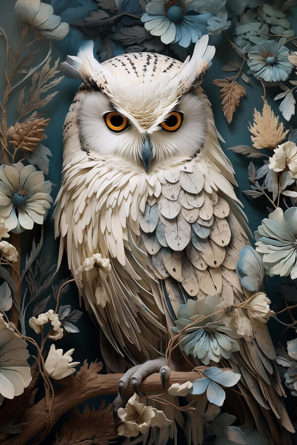 White owl with yellow eyes and a blue background with flowers White owl with yellow eyes and a blue background with flowers