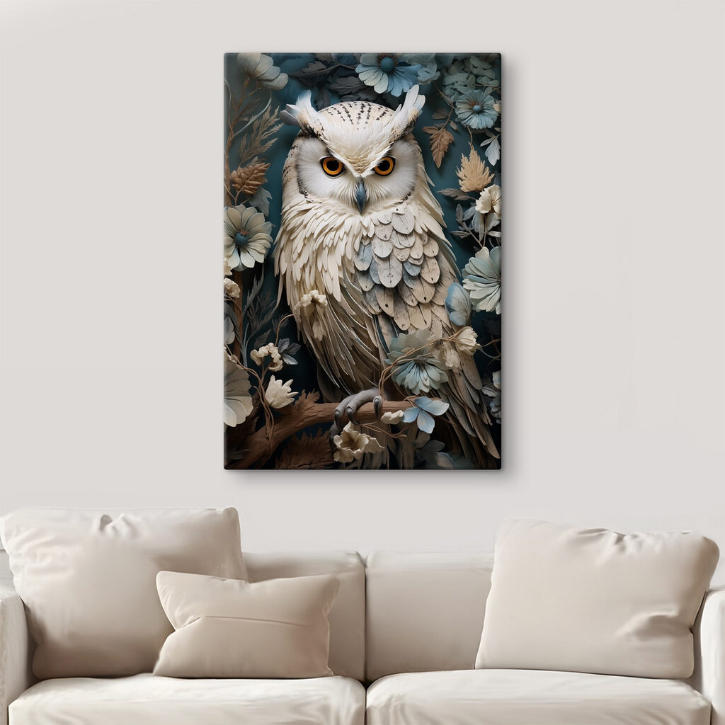 White owl with yellow eyes and a blue background with flowers White owl with yellow eyes and a blue background with flowers