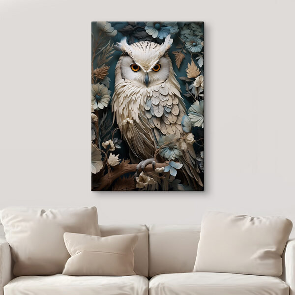 White owl with yellow eyes and a blue background with flowers White owl with yellow eyes and a blue background with flowers