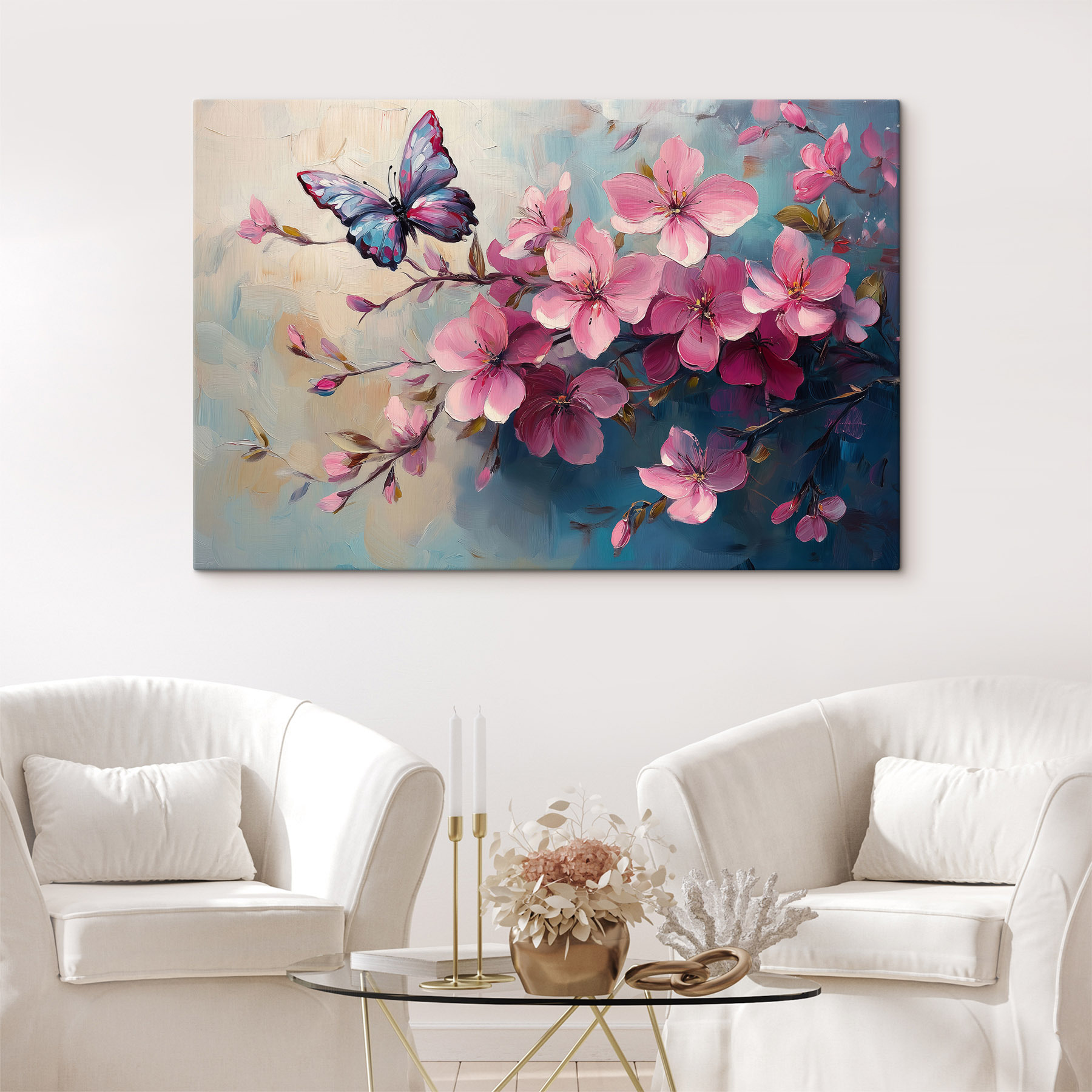 Butterfly on a branch of pink flowers Butterfly on a branch of pink flowers