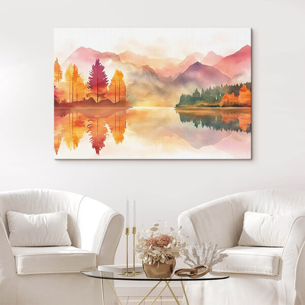 Quadri Quadri Acquerello raffigurante un lago con alberi e montagne sullo sfondo (COD: s42183)