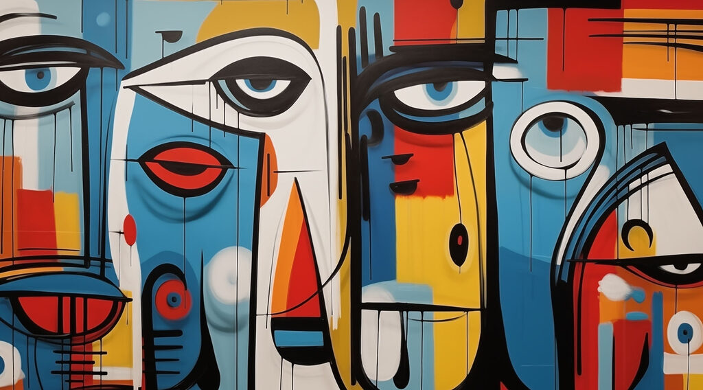 Opera d'arte colorata con diversi volti Opera d'arte colorata con diversi volti