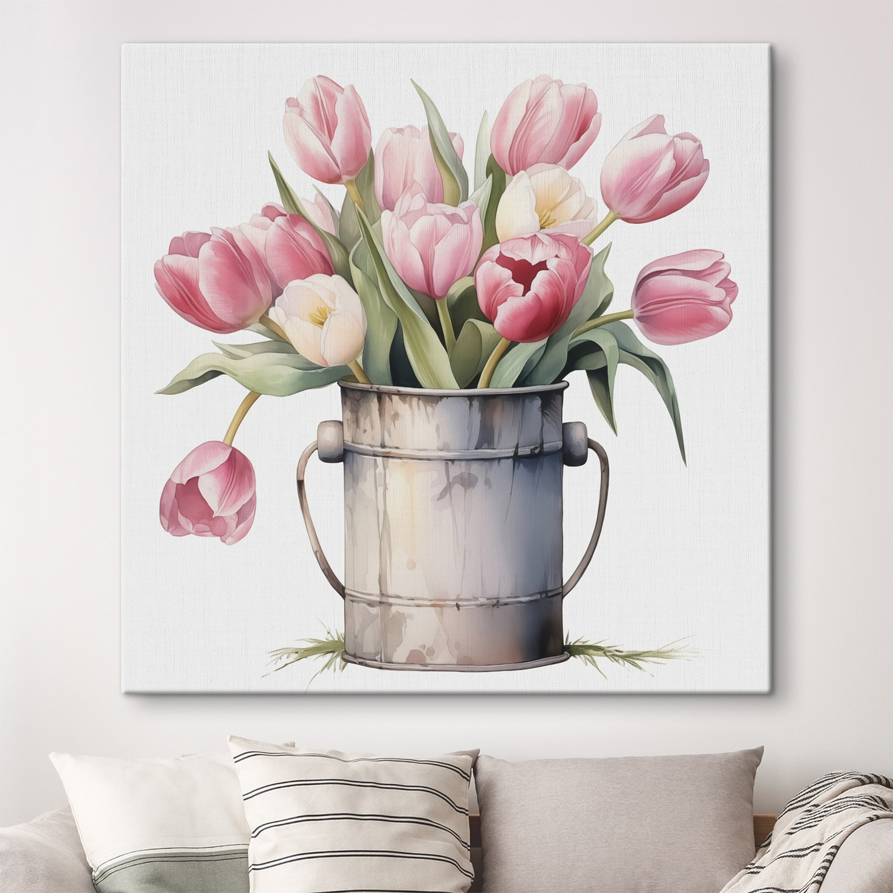 Painting of pink tulips in a metal bucket Painting of pink tulips in a metal bucket