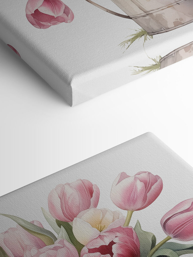 Painting of pink tulips in a metal bucket Painting of pink tulips in a metal bucket
