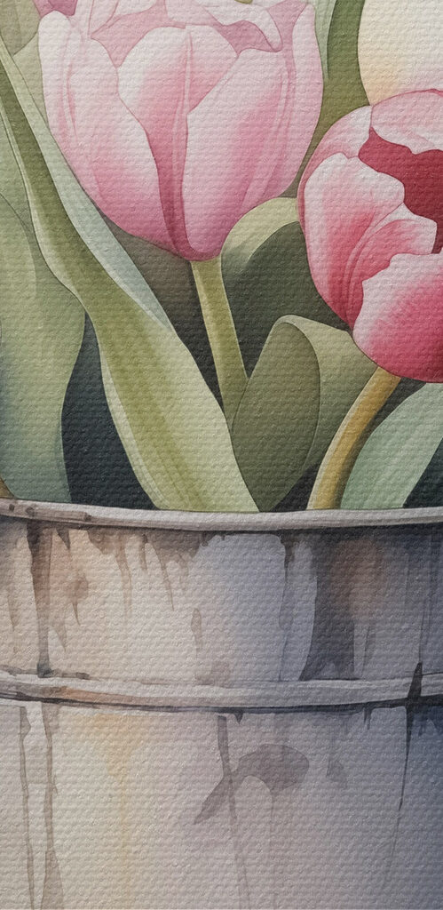 Painting of pink tulips in a metal bucket Painting of pink tulips in a metal bucket