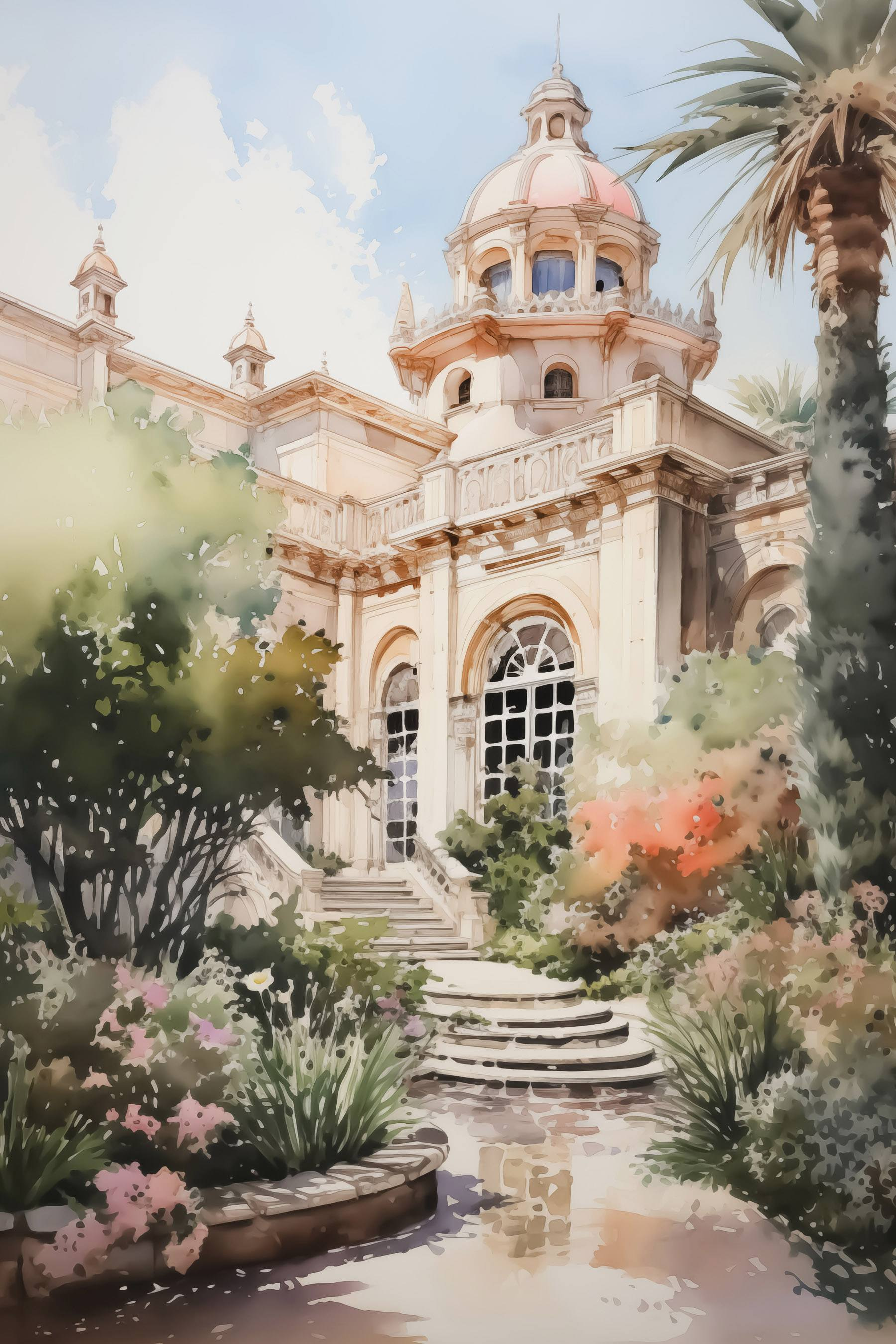 Watercolor painting of a building with a tower and stairs