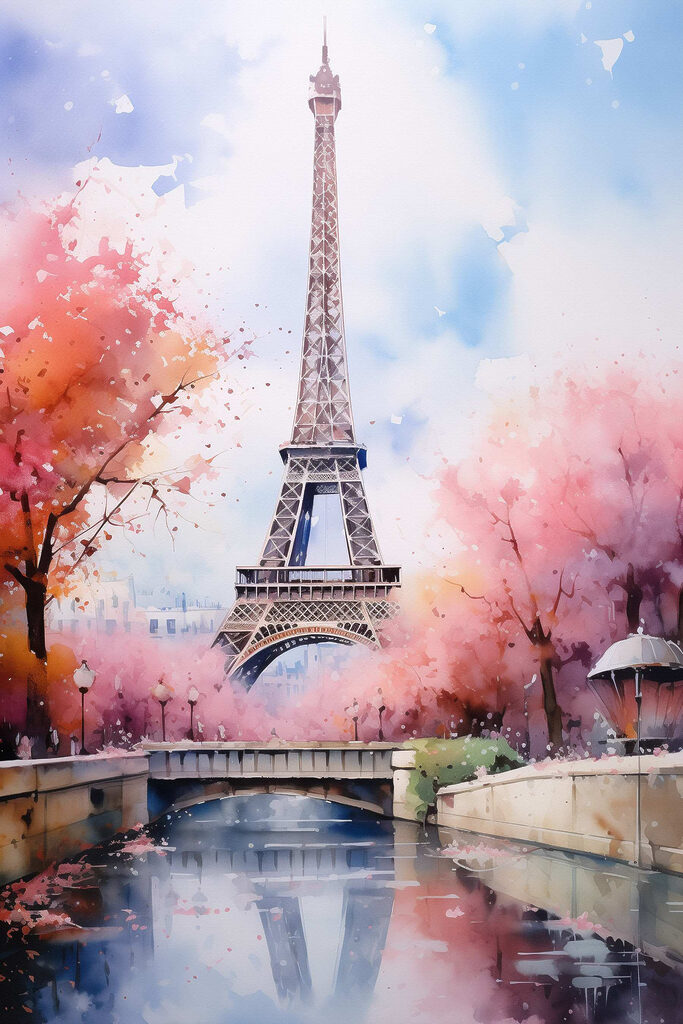 Watercolor painting of a tower with pink flowers and a bridge Watercolor painting of a tower with pink flowers and a bridge