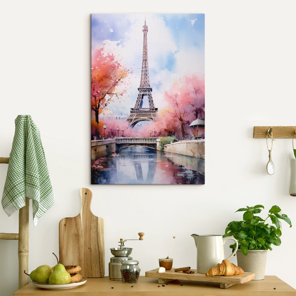 Watercolor painting of a tower with pink flowers and a bridge Watercolor painting of a tower with pink flowers and a bridge
