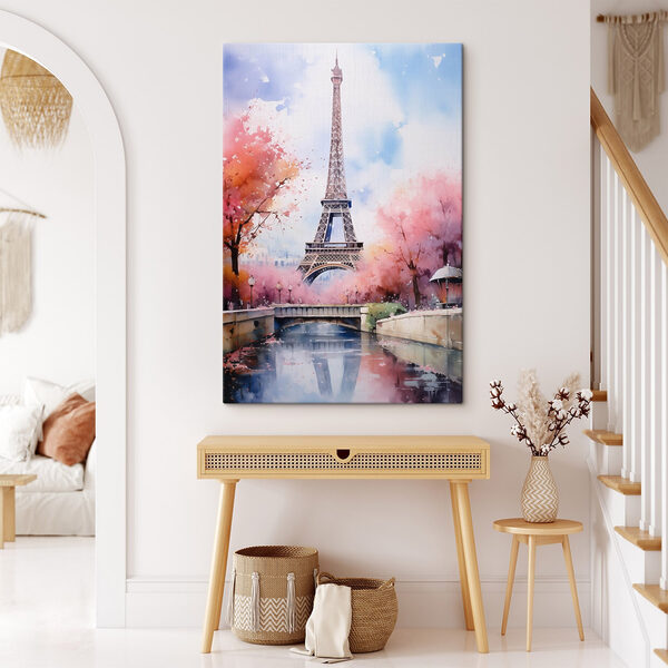 Watercolor painting of a tower with pink flowers and a bridge Watercolor painting of a tower with pink flowers and a bridge