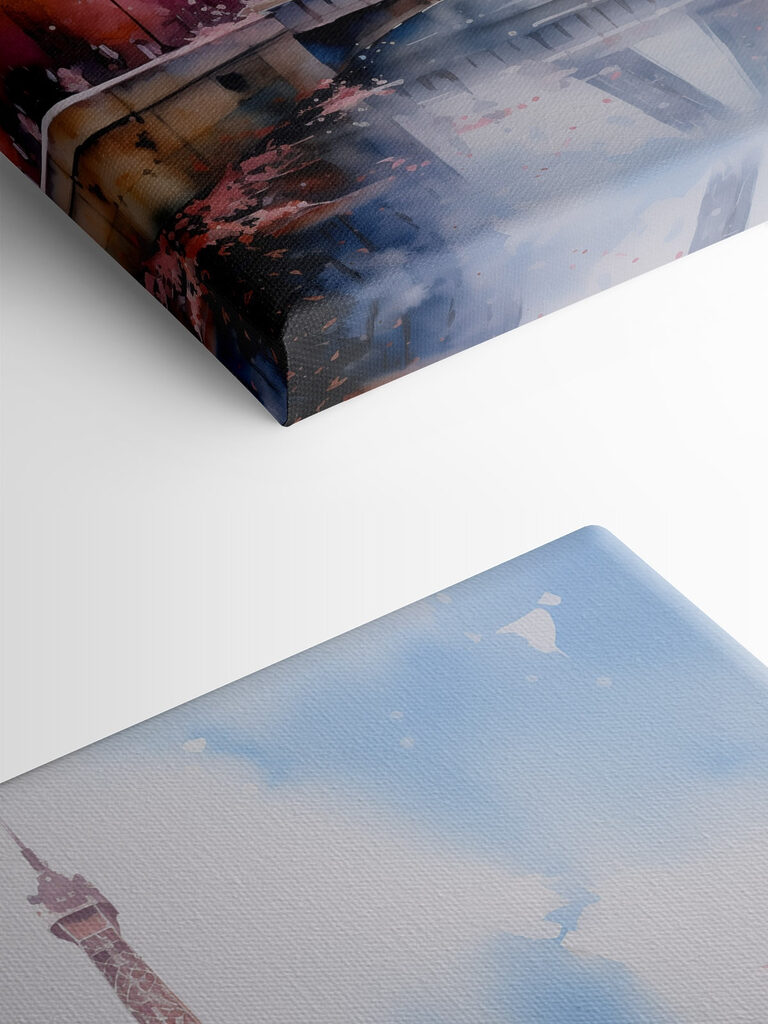 Watercolor painting of a tower with pink flowers and a bridge Watercolor painting of a tower with pink flowers and a bridge