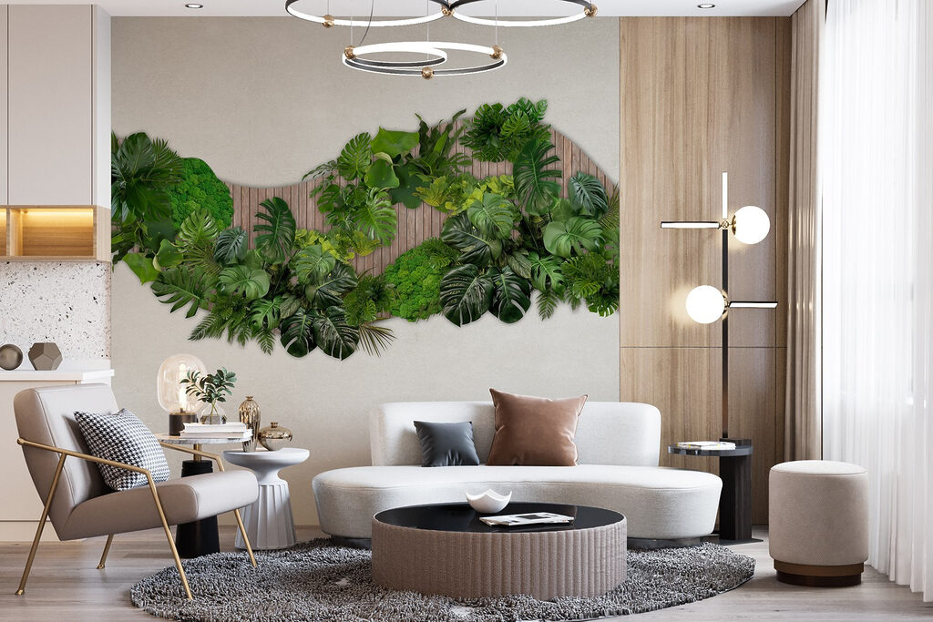 Group of green leaves on a wooden surface