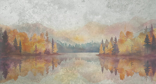 Pittura ad acquerello di un lago con alberi e montagne Pittura ad acquerello di un lago con alberi e montagne