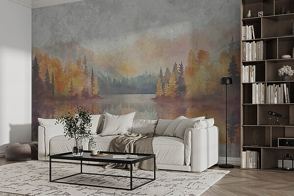 Pittura ad acquerello di un lago con alberi e montagne Pittura ad acquerello di un lago con alberi e montagne