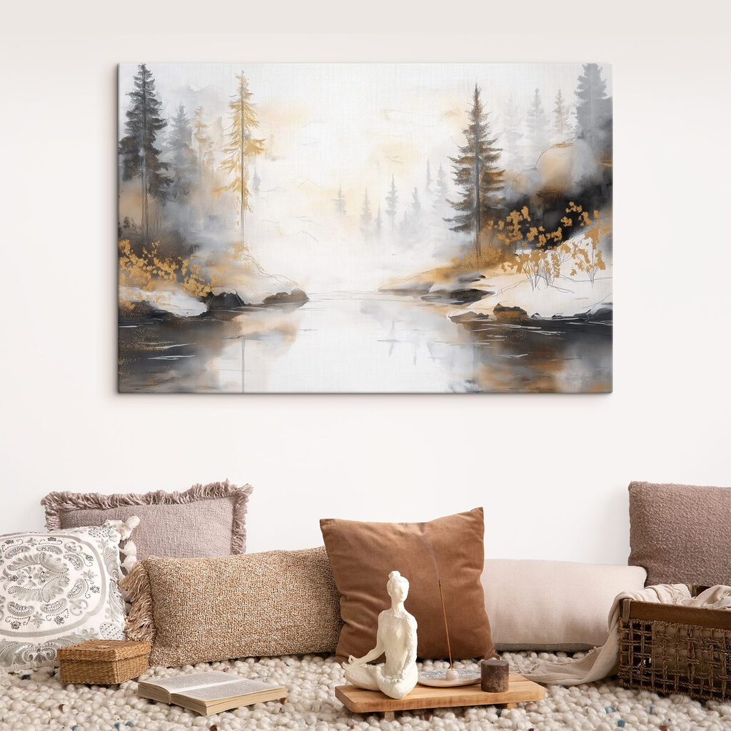 Watercolor painting of a river with trees and fog