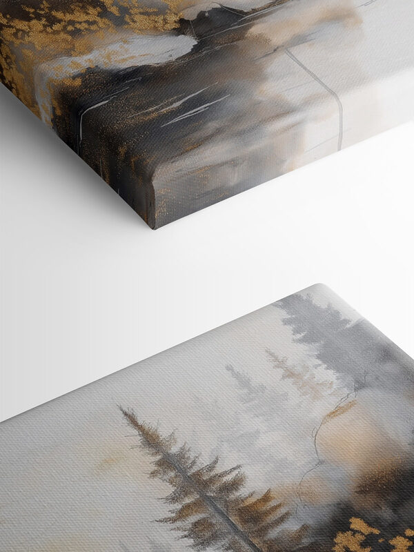 Watercolor painting of a river with trees and fog