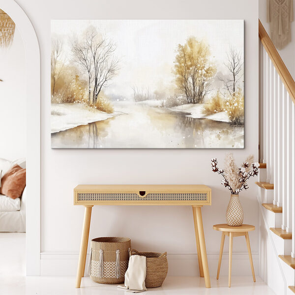 Watercolor of a river with trees and grass and snow
