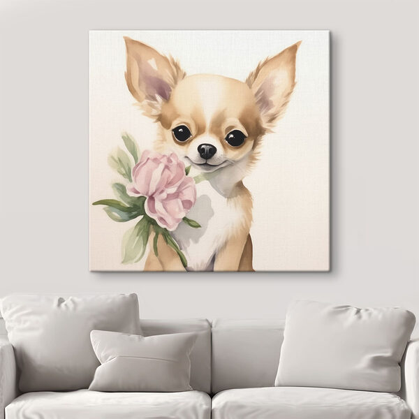 Painting of a dog holding a flower Painting of a dog holding a flower