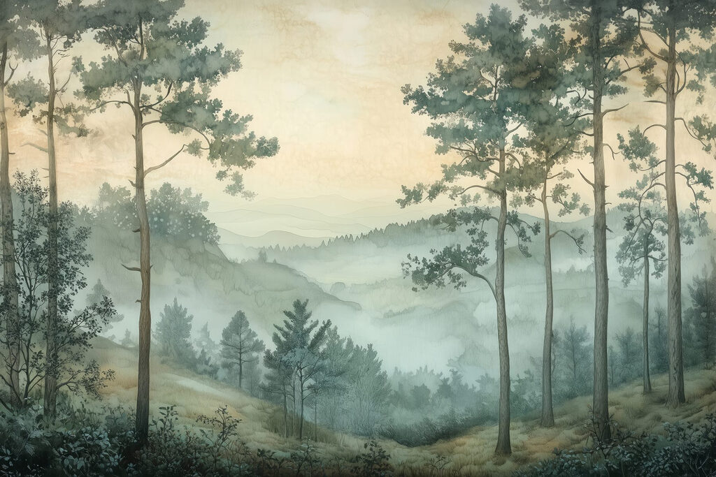 Pittura di una foresta con nebbia Pittura di una foresta con nebbia