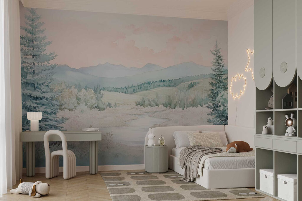 Watercolor painting of a river in a valley