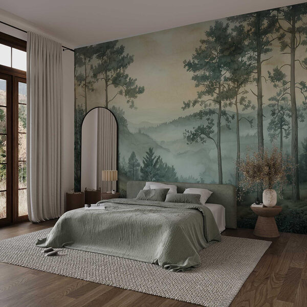 Pittura di una foresta con nebbia Pittura di una foresta con nebbia