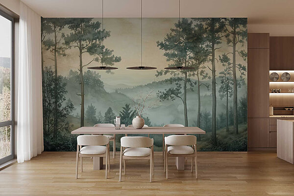 Pittura di una foresta con nebbia Pittura di una foresta con nebbia