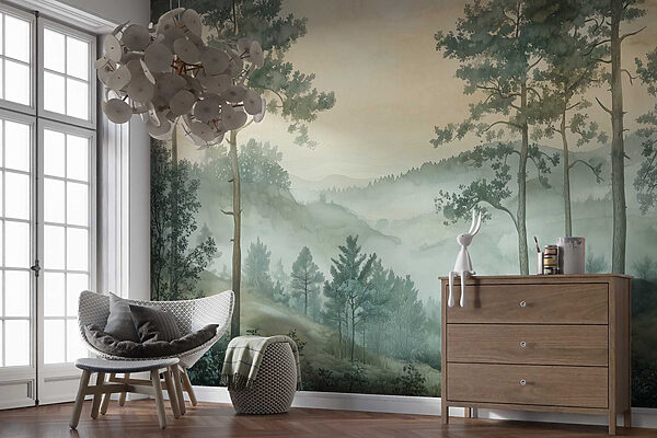 Pittura di una foresta con nebbia Pittura di una foresta con nebbia