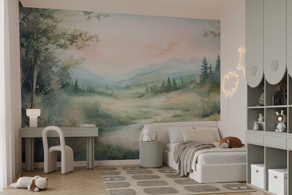 Watercolor painting of a river running through a valley